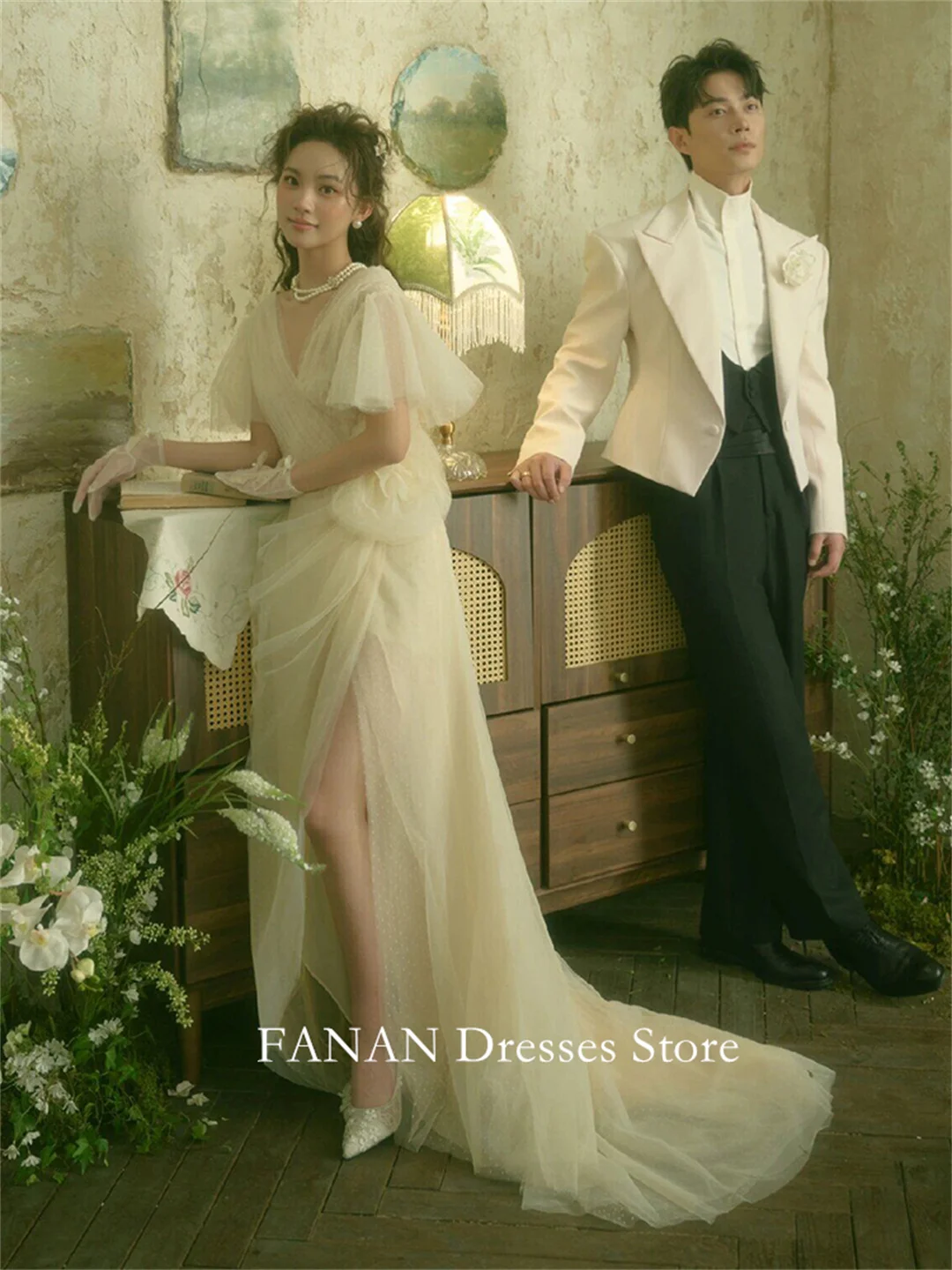 FANAN Korea V-Neck Vintage A-Line Split Wedding Dresses 웨딩드레스  Tulle Cap Sleeves Classic Custom Made Bride Gowns Plus Size