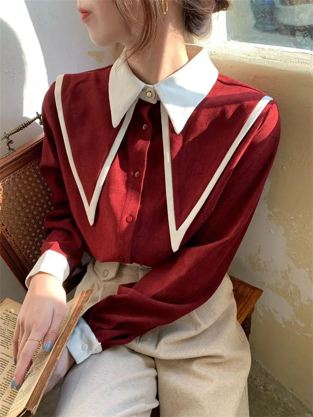 Long sleeved shirt Spring and Autumn new style Korean  color blocked collar fashionable loose and slim top for women