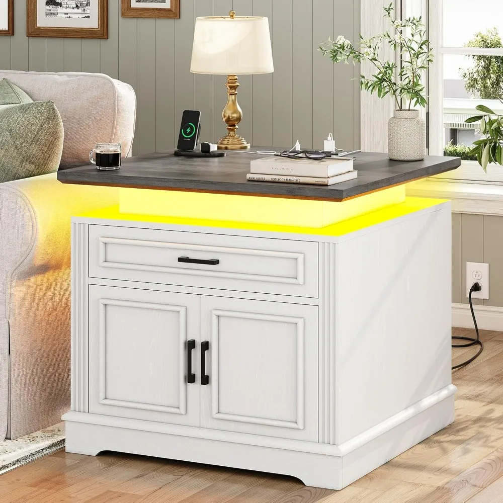 

White Side Table Living Room, End Table with Charging Station, 24" Side Tables Bedroom with Storage Drawers and LED Light