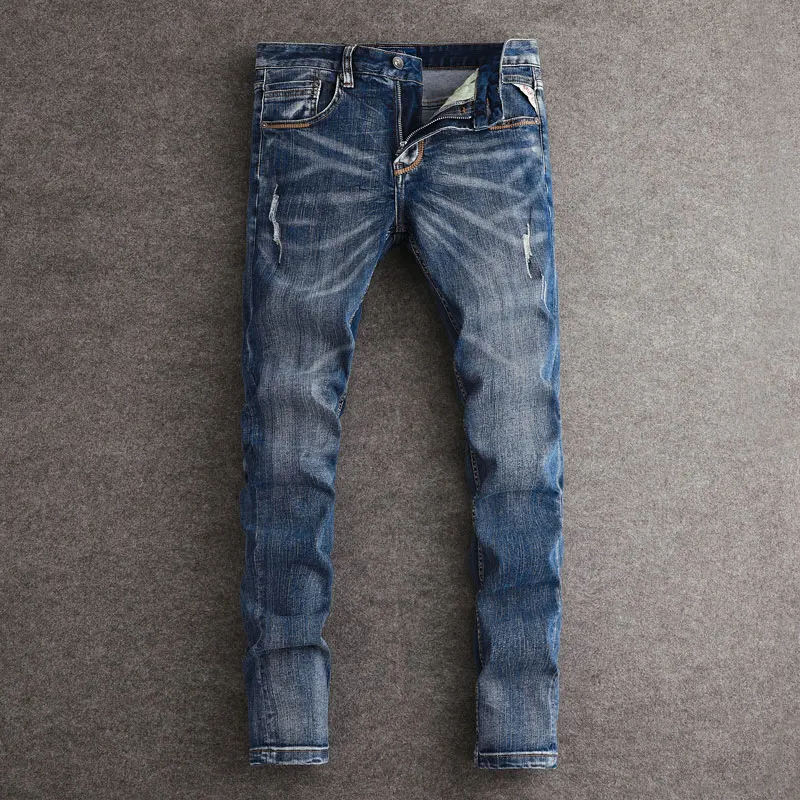 

Fashion Designer Men Jeans High Quality Retro Washed Blue Stretch Slim Fit Ripped Jeans Men Trendy Vintage Denim Pants Hombre