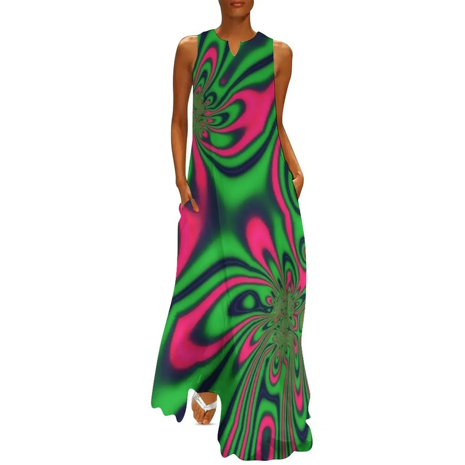 

Abstract Groovin' Green & Pink Fractal Long Dress women's summer dress 2025 purple dress women summer