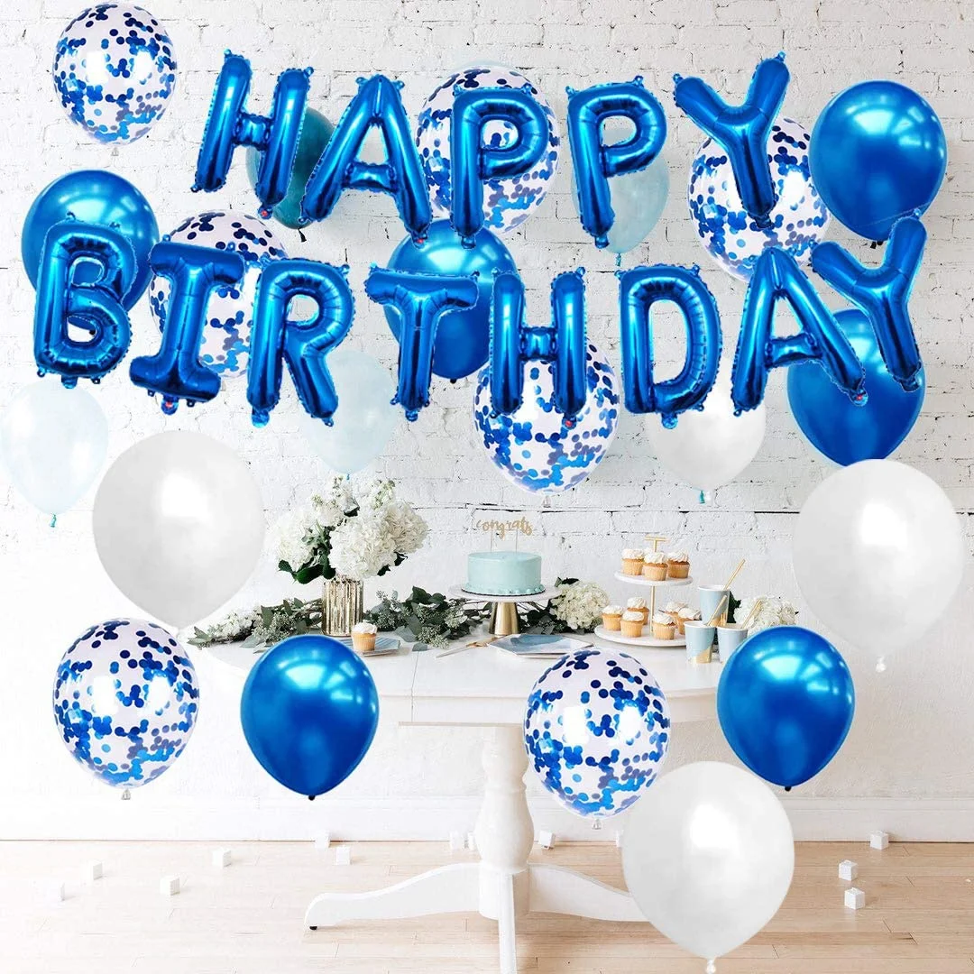 Blue Happy Birthday Balloon Banner White And Blue Confetti Balloons for Boy Birthday Party Decorations view 6