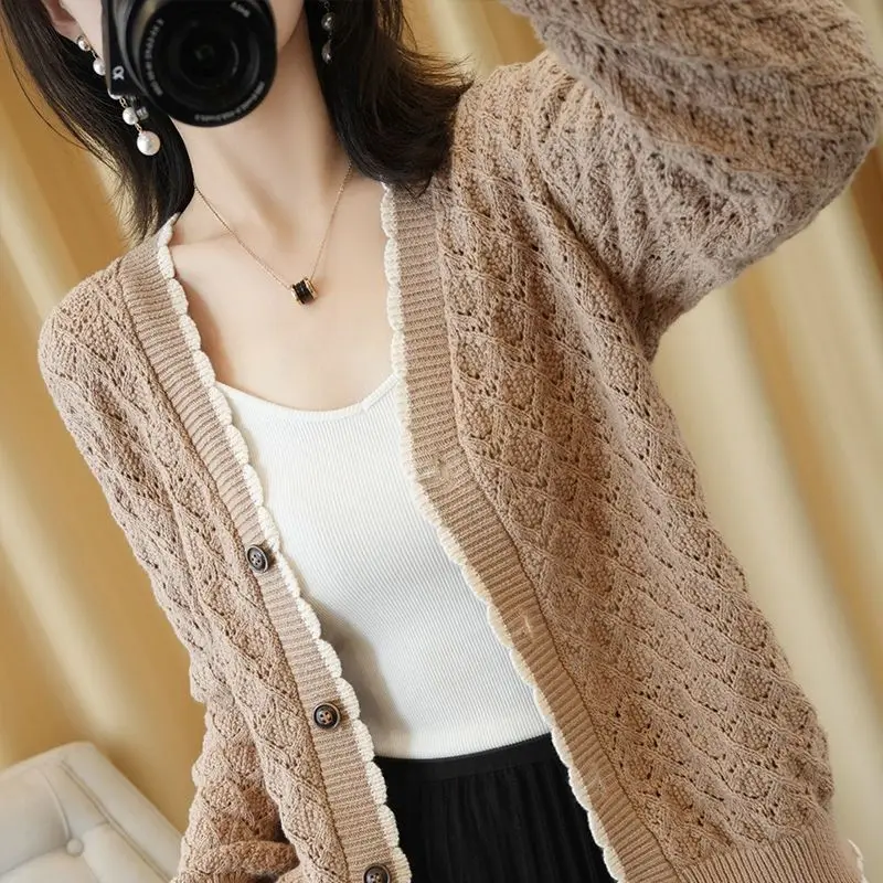 Vintage Spring Autumn Casual Single Breasted Knitted Cardigan Women V Neck Hollow Slim Solid Long Sleeve Outwear Sweaters Jumper