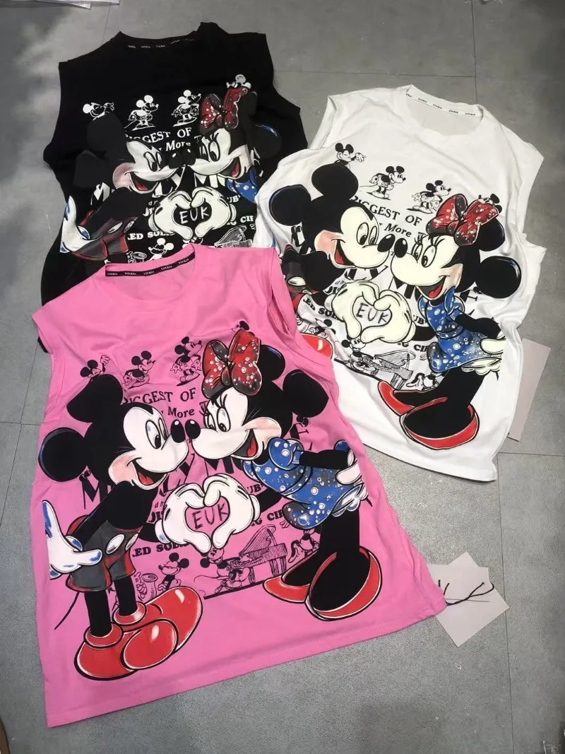 

European Goods Retro Summer Heavy Craftsmanship Sleeveless Mickey Print Short Sleeved T Shirt Women Loose Fashion Women Clothes