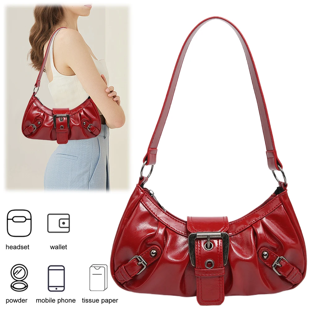 Women Hobo Bag Y2K PU Leather Handbag Pleated Underarm Purse Magnetic Closure Zipper Clutch Purse Travel Commuter Bag