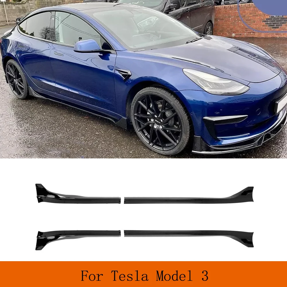 4PCS Car Side Skirts Side Bumper Extention Splitter Trims Body Kits For Tesla Model 3 2023 2024 ABS Glossy Black Racing Aerokits