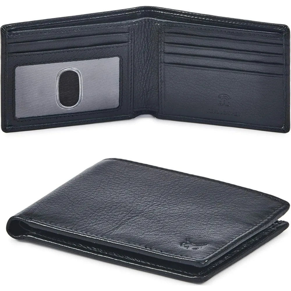 

Real Leather Mens Bifold Wallet RFID Blocking Slim Minimalist Front Pocket - Thin & Stylish with ID Window in Gift Box (Nappa, Black)
