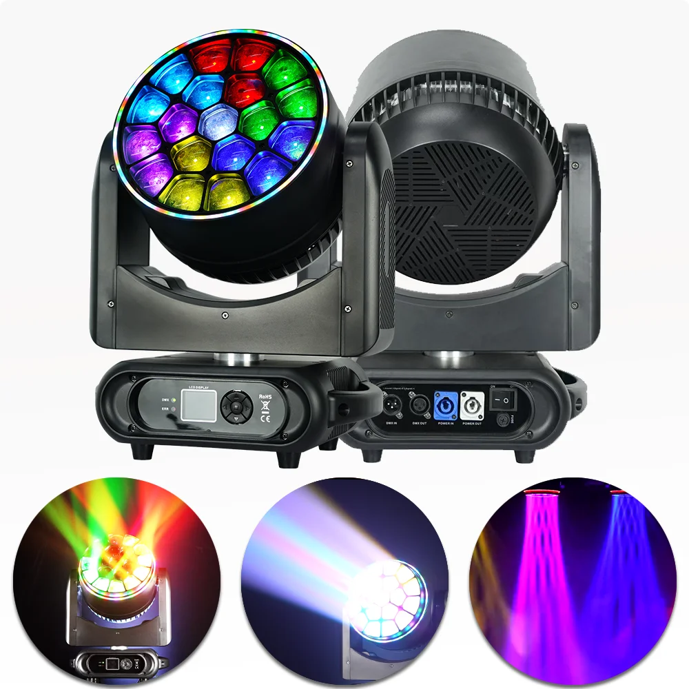 

Светодиодный 19X15 RGBW Bee Eye Point Control Zoom Подвижный головной светильник с кольцом CTO Wash Beam Effect DMX512 для DJ Disco Party Bar Club