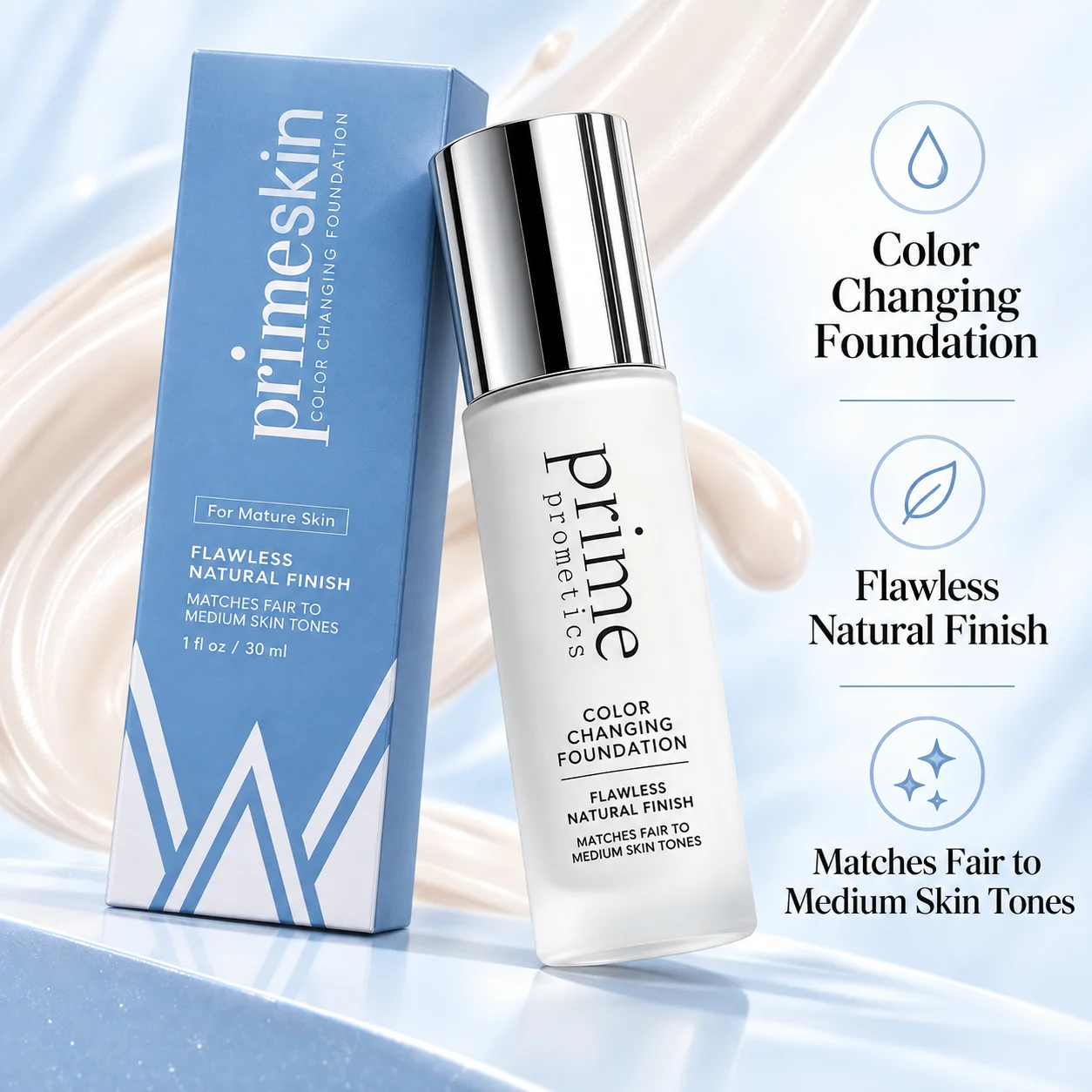 Natural Finish Foundation 30ml Temperature Sensitive Color Changing Liquid Makeup for Mature Skin and Fair to Medium Skin Tones