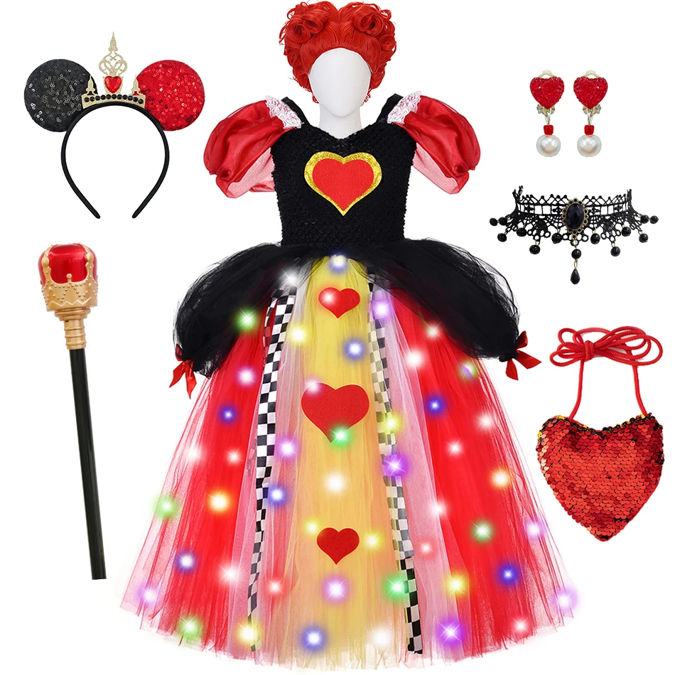 Alice Wonderland Costume Girls Heart Poker Red Queen Cosplay Princess Dress Kids Halloween Carnival Party Fancy Deluxe Vestidos