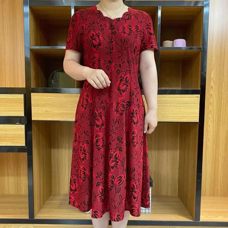 2024 Summer New Dress Retro Women's Classic Dress Print Casual Short sleeved Dress Fashion Plus Size Flower