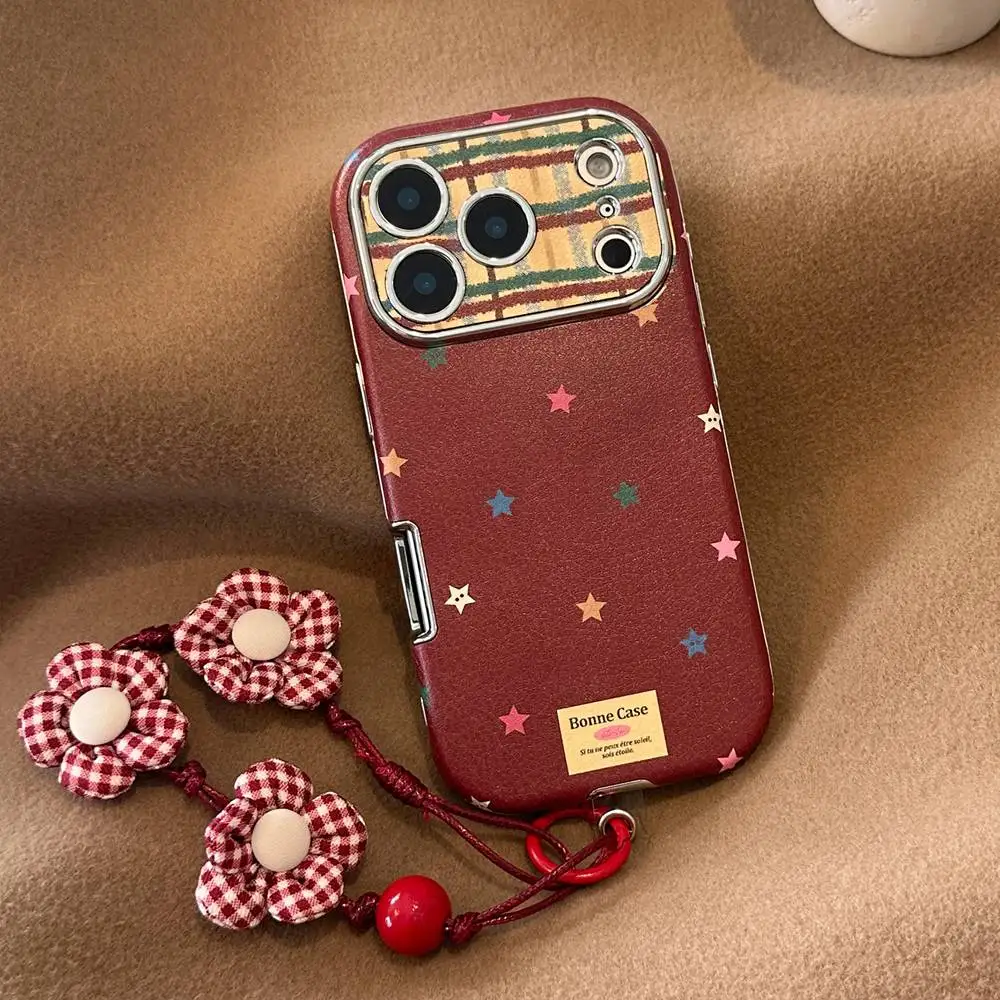 

Korean INS Style Star Leather Phone Case for iPhone17 13 14 15 16 Pro Max Cute Flower Wrist Chain Lanyard Shockproof Cover