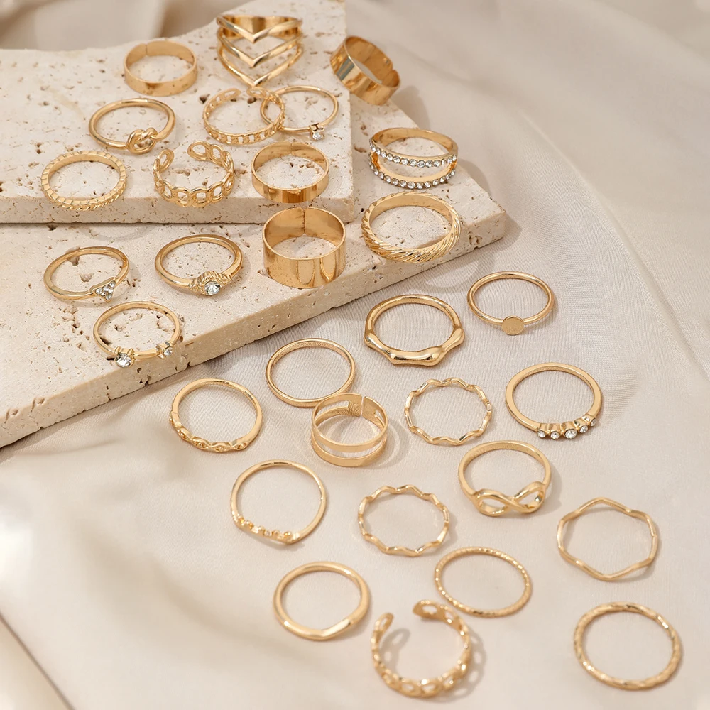 30Pcs/Set Wave Pattern Infinite Metal Layering Geometric V-Shaped Ring With Rhinestone Inlaid Suitable For Women's Daily Wear image 4