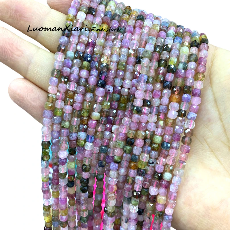 4-5mm Natural Stone Faceted Square AAA Tourmaline Loose Cube Spacer Beads for Jewelry Making Diy Bracelet Charms Accessories