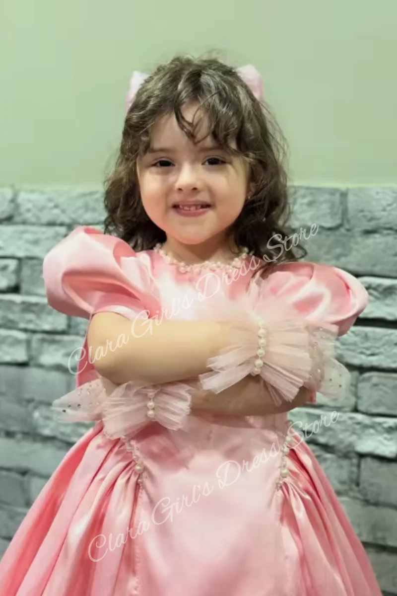 Rosa Perlen-Geburtstagspartykleid für Mädchen, kurzärmelig, A-Linie, Prinzessin, Blumenkleid, Kinderpartykleid, anpassbar