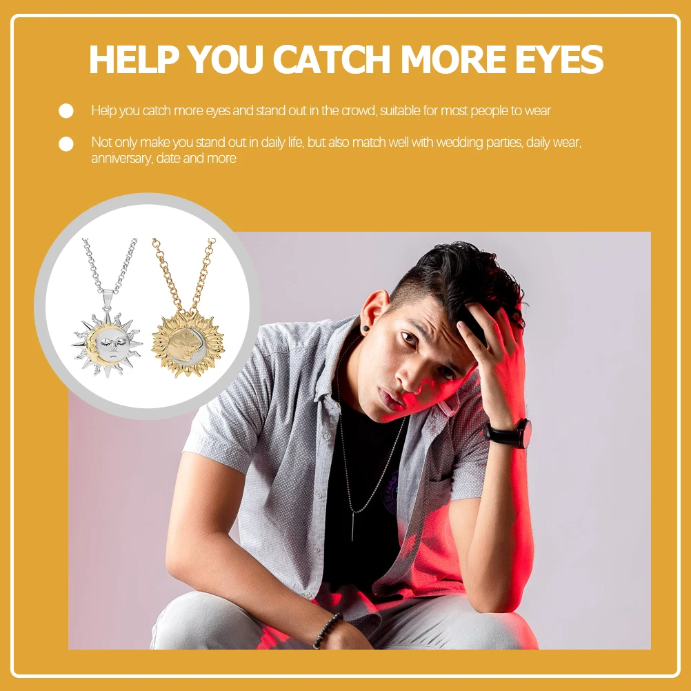 

2 Pcs Metal Sun and Moon Pendant Man Couple Necklace Spiritual Charms Necklaces Sweater Chain Couples Alloy