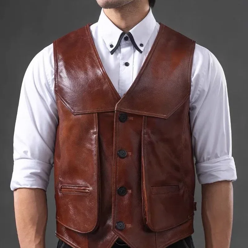 

Men's Genuine Leather Vest Top Layer Cowhide Multiple Pockets Middle-aged and Elderly Slim Plus Size Leather Vest Retro