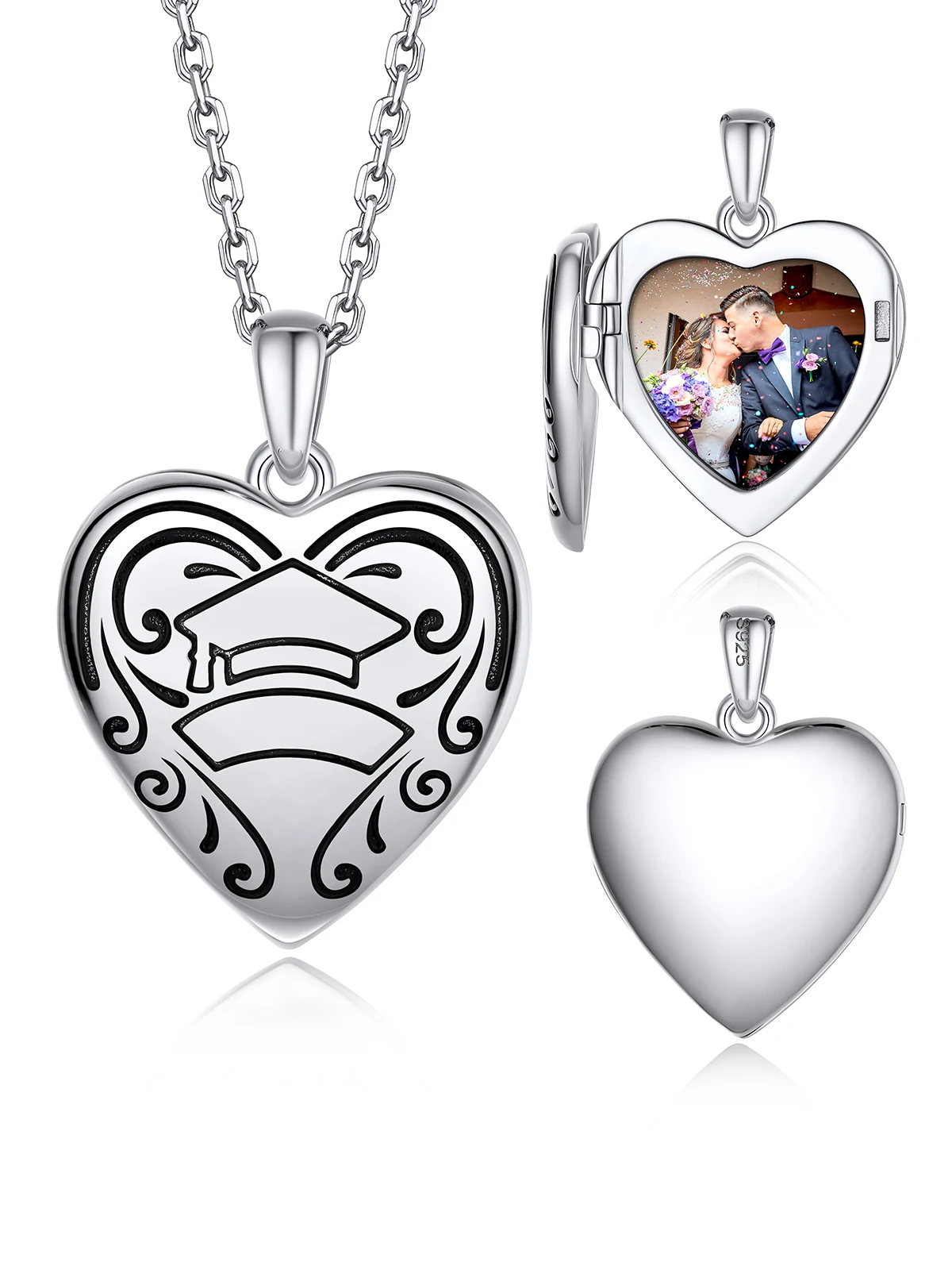 

U7 925 Sterling Silver Cap Heart Locket Necklace with Photo Engraving Graduation Gift Meaningful Moment Custom Jewelry