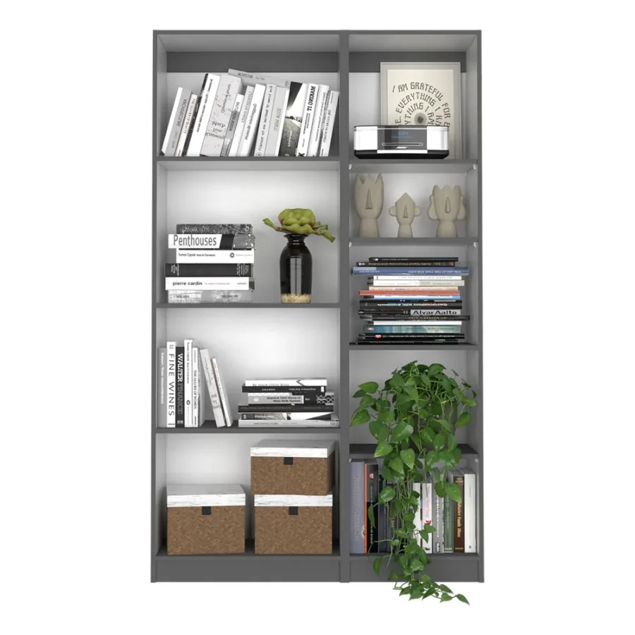 2 Piece Bookcase Living Room Set Storage Cabinet 42 Wide 9 Shelves Matt Gray White