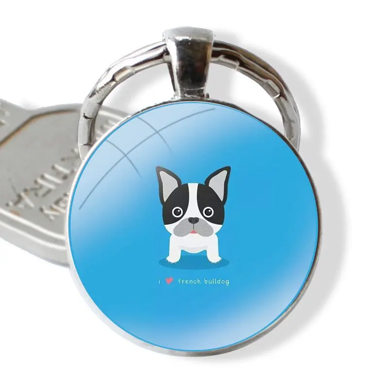 Frenchies Pretty puppy Pug Bulldog Keychain Handmade Glass Cabochon Key Ring Holder Pendant Key Chains