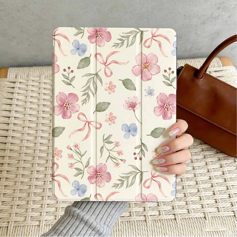 Soft Watercolor Floral Ribbons For iPad Pro 11 12.9 13 A16 M2 M4 M3 M5 9.7 10.2 5/6/7/8/9/10/11th Mini Air 3 4 5 6 Tablet Case