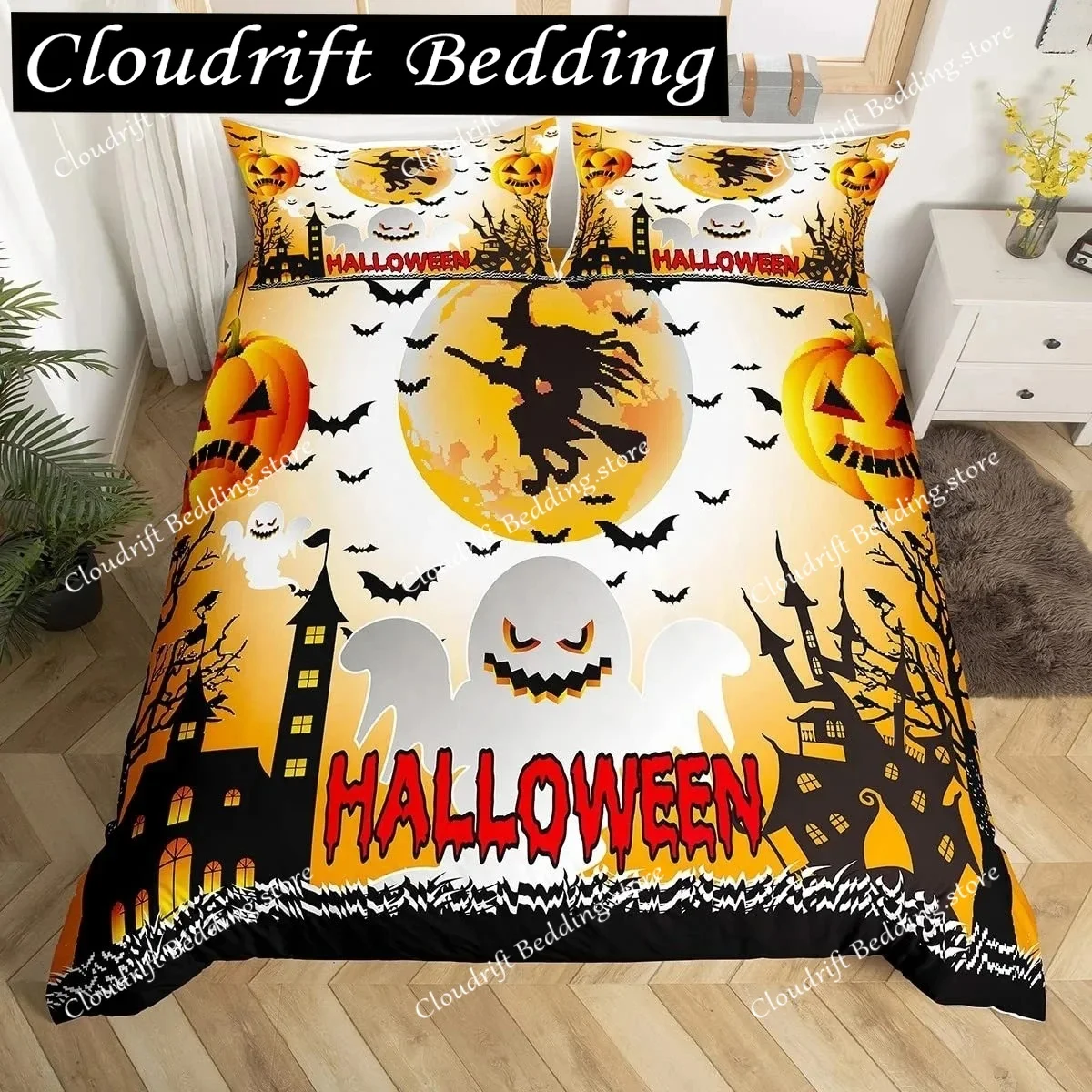

Halloween Gothic Black Cat King Queen Duvet Cover Glitter Moon Bedding Set Horror Spooky Quilt Cover Polyester Comforter Cover