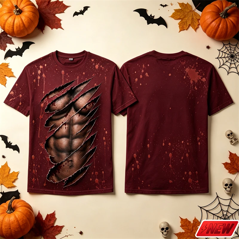 Men 3D Print Fake Muscle Abs T Shirt Halloween Blood Splatter Graphic Short Sleeve Crew Neck Tops Quick Dry Party Casual Tees