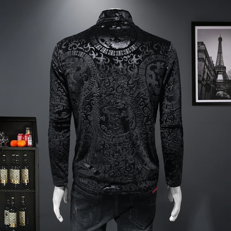 Luxury Dragon Jacquard T Shirt For Men Long Sleeve Casual Slim Winter Thick Quality Velvet Easy Care Smooth Turtleneck Camisetas