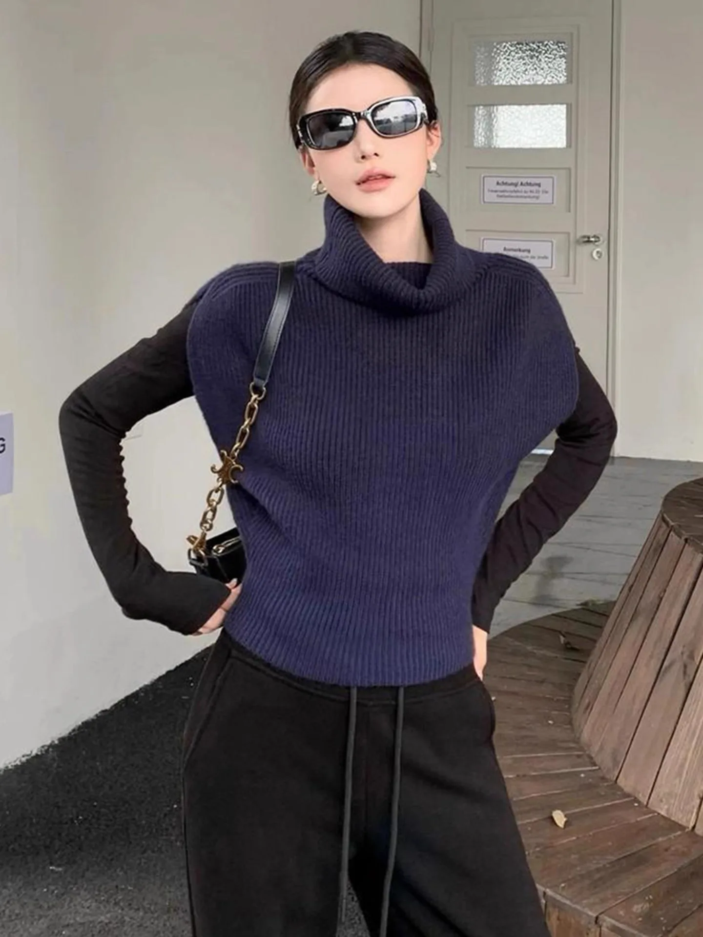 레트로 퍼플 하이 칼라 니트 조끼 여성용 봄 가을 레이어링 스웨터 아우터웨어 어깨 패드 탑 편안한 핏 니트웨어