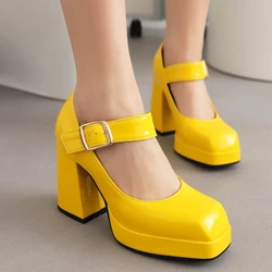 Fashion Punk High Heels Pumps Mary Janes Shoes Woman Platform Yellow Black White Women's Heeled Party Office Shoes Large Size 46