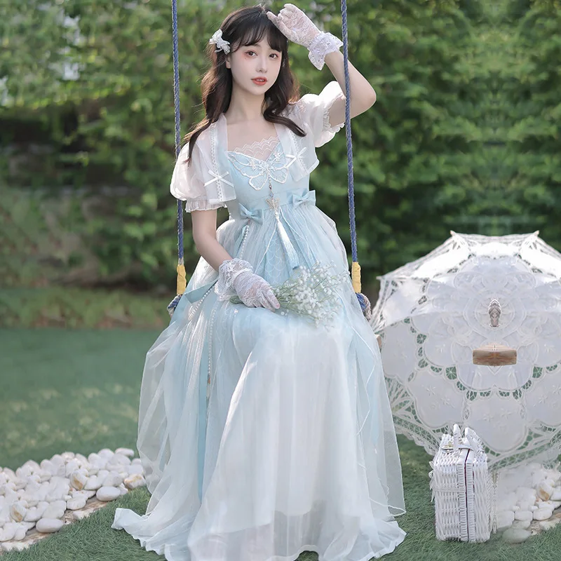 2025 neue Vintage Süße Lolita Chinesischen Stil Kleid + Casual Nette Top Elegante Temperament Farbverlauf Lolita Kleider 2 stück Set