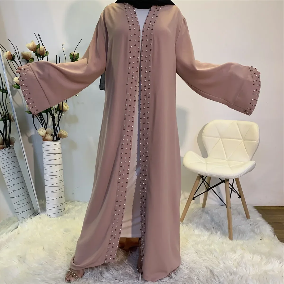 

Muslim Cardigan Abayas Lace-up Dresses for Women Plain Beaded Open Abaya Clothes for Muslim Women Casual Robe Femme Caftan Islam