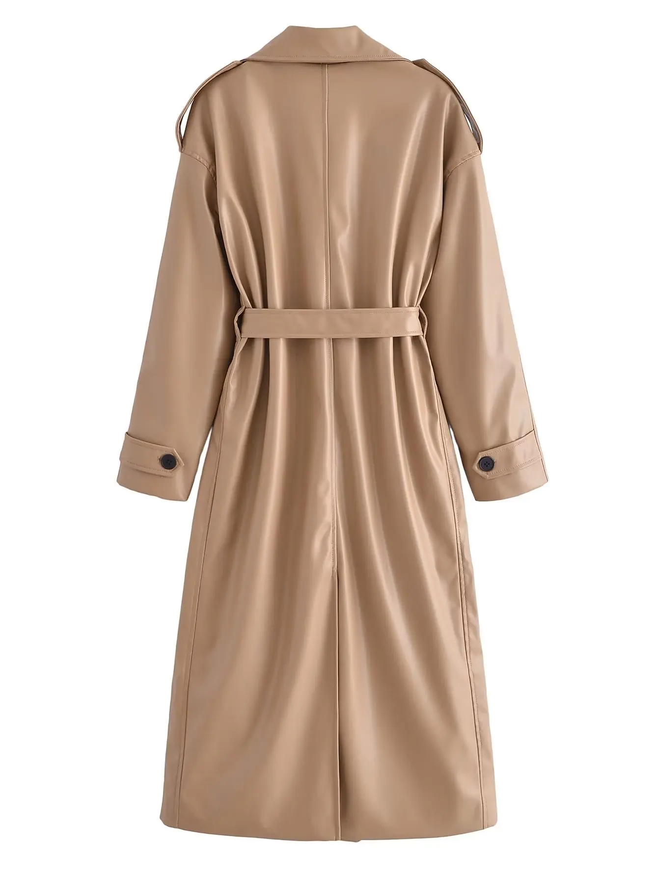 Brand Spring Autumn Long Faux Leather Trench Coat for Women Belt Double Breasted Luxury Elegant Khaki Leather Jacket Women Coat