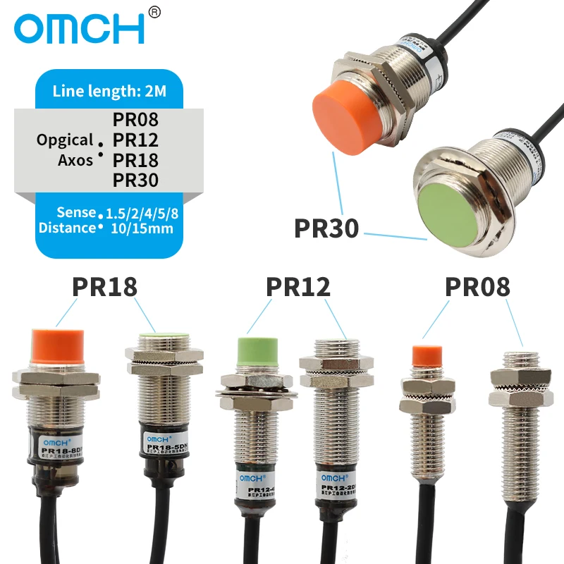 OMCH Otto Type Inductive Proximity Switch Sensor PR08 12 18 30MM Detection Distance 1.5/2 2/4 5/8 10/15mm PNP NPN NO NC