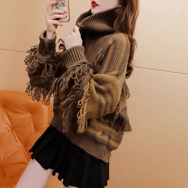 

#3854 Autumn Winter Knitted Sweater Women Tassels Loose Batwing Sleeve Loose Short Sweater Female Zipper Pullover Knitwear Warm