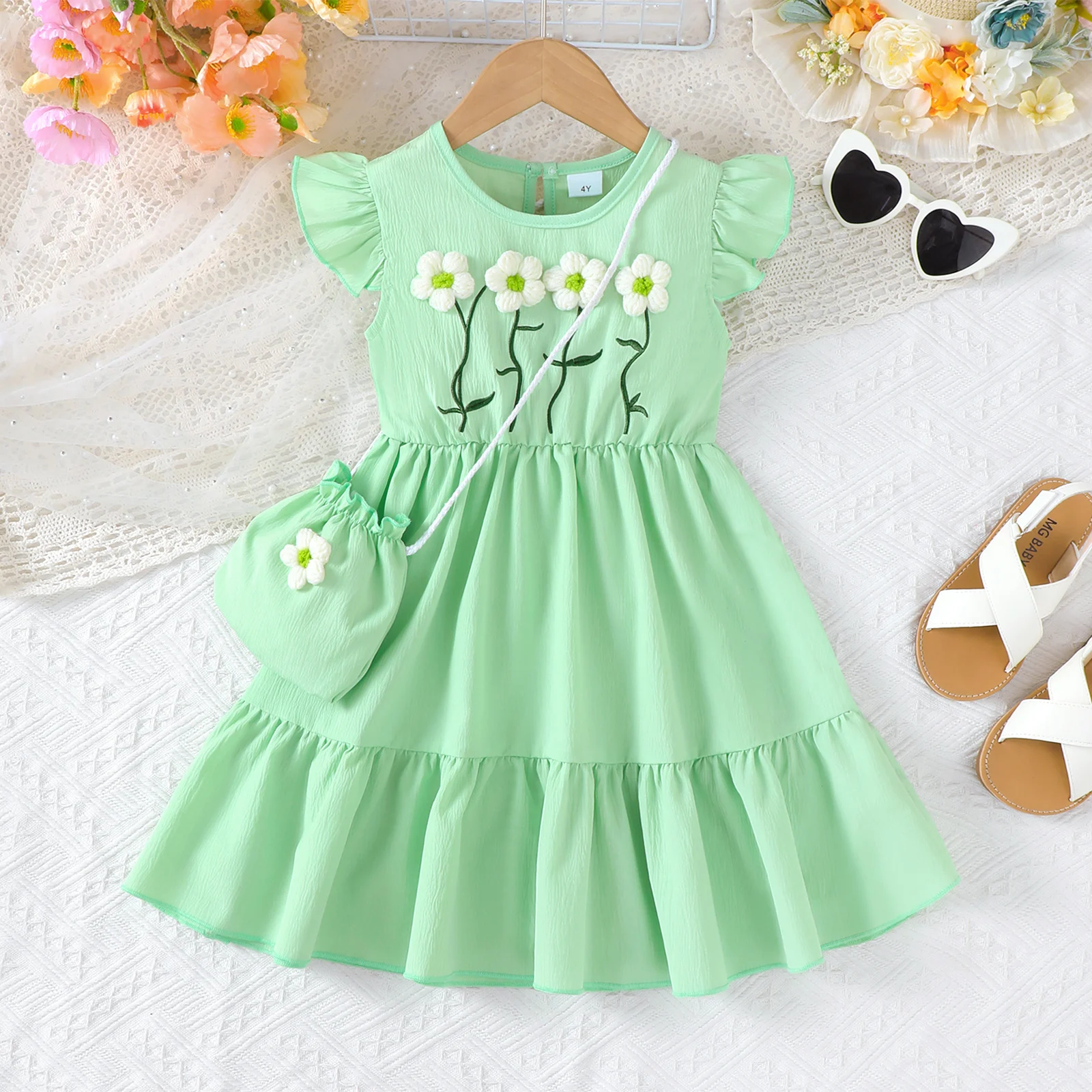 Vestido de verão para meninas de 1 a 6 anos, malha pequena flor, saia plissada, mini bolsa, conjunto de duas peças, vestido estilo doce para meninas