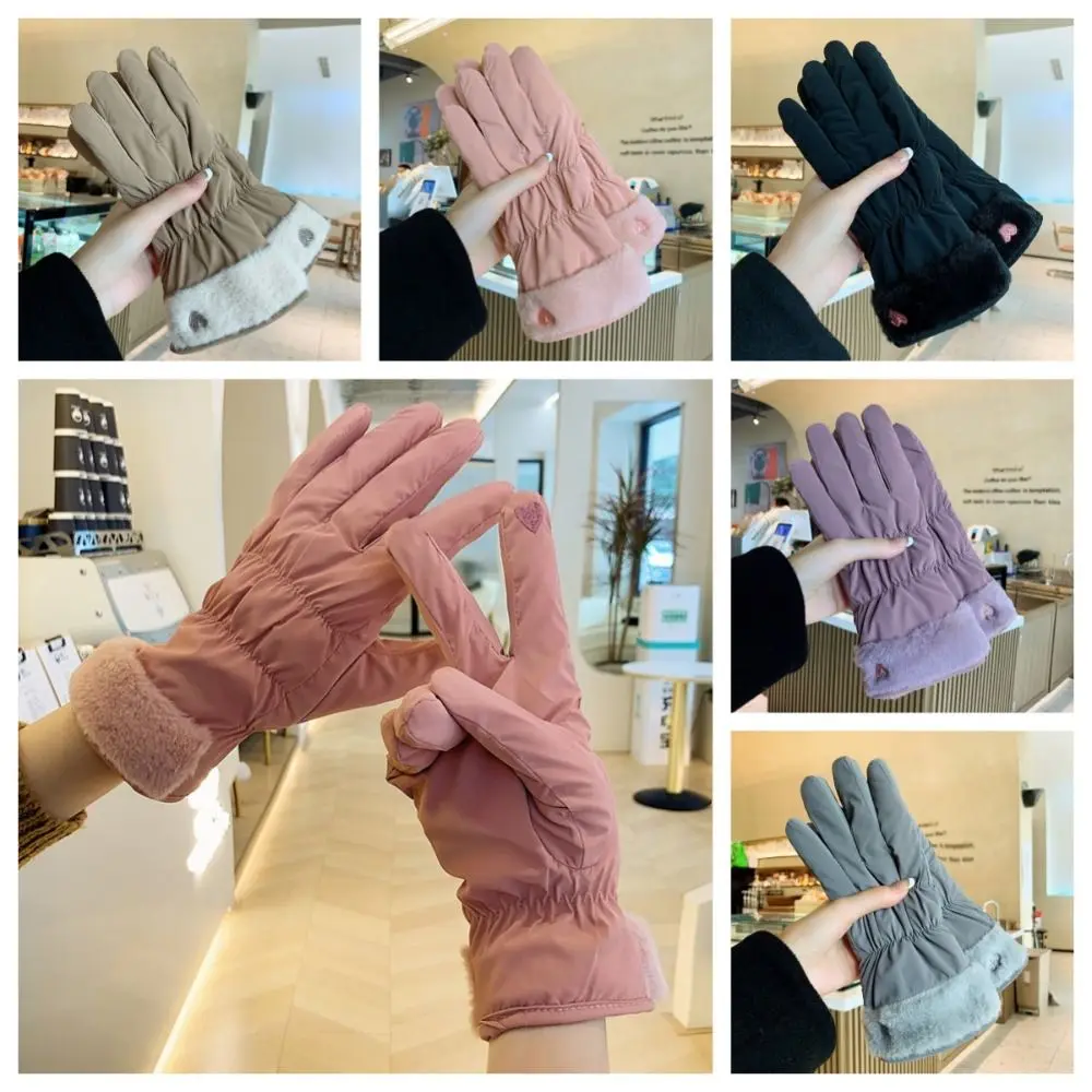 Fashion Warm Winter Plush Gloves Skiing Thicken Heart Embroidery Gloves Korean Five Finger Cycling