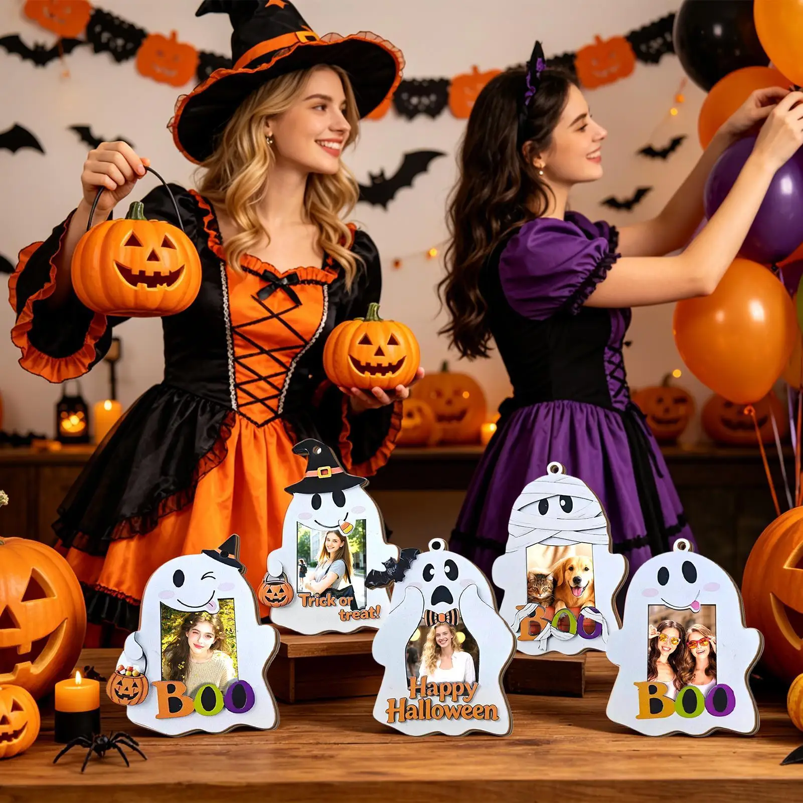 Ghost Picture Frame 5 Pieces Wooden Halloween Table Decor Hangable Photo Frame Ornament for Homeowners Renters Home Office Dorm