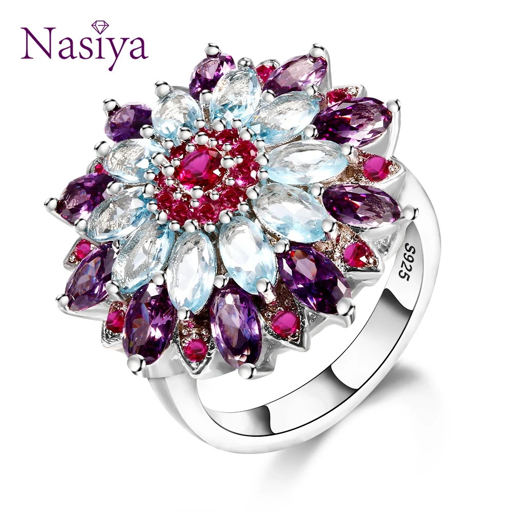 

Nasiya Multicolor Gemstone Flower Shape Wedding Ring New Design Silver Color Jewelry Rings for Women Wholesale Jewelry