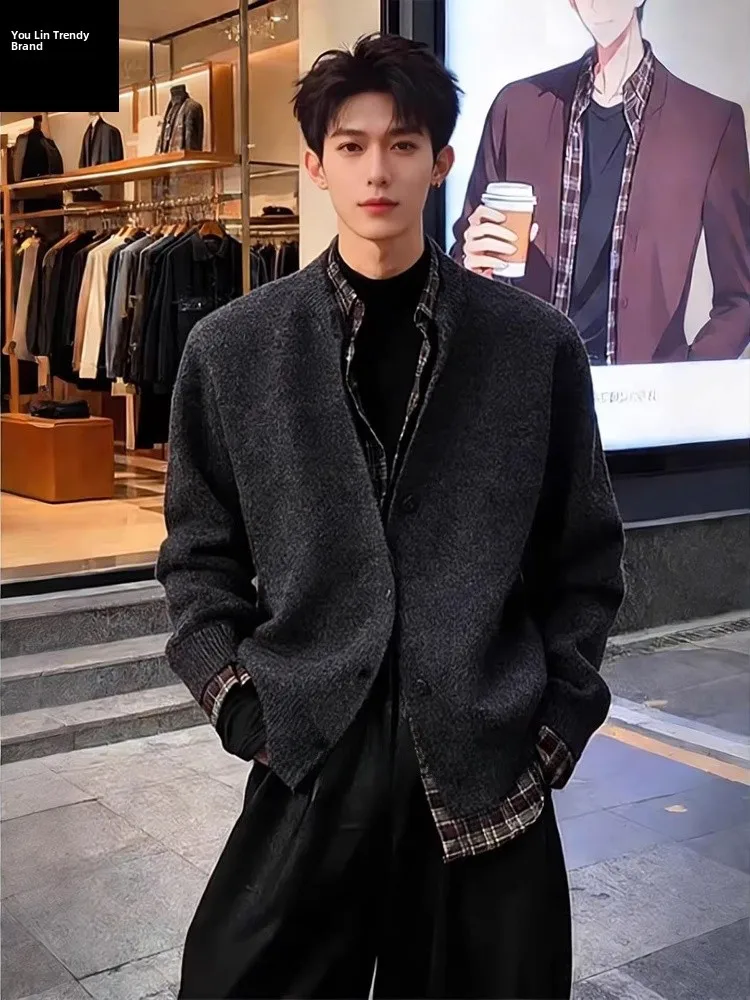 

Deep ey Plaid Splicing Men's Knitwear Winter American Sle Lazy Open Cardigan Outerwear Casual Straight Cut Long Sve irt