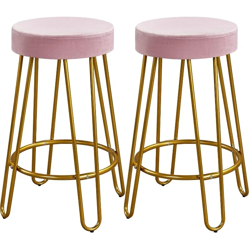 

Round Kitchen Counter Stool Home Bar Height Stools with Golden Hairpin Legs Upholstered Velvet Seat for Kitchen Set of 2