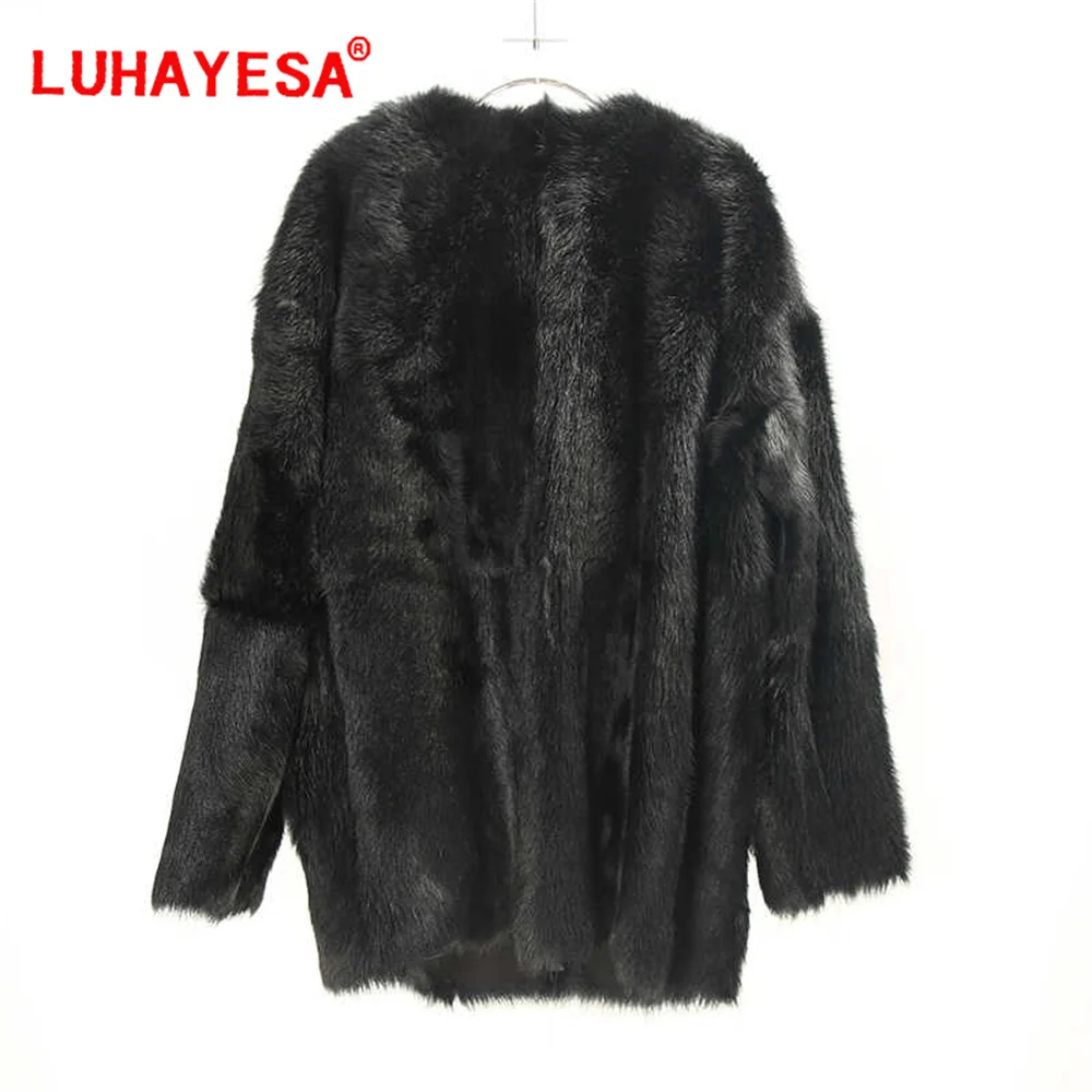 2024 Spain Tuscany Sheepskin Fur Shearling Clothing Women Black V Neck Medium Long Winter Warm Fur Coat