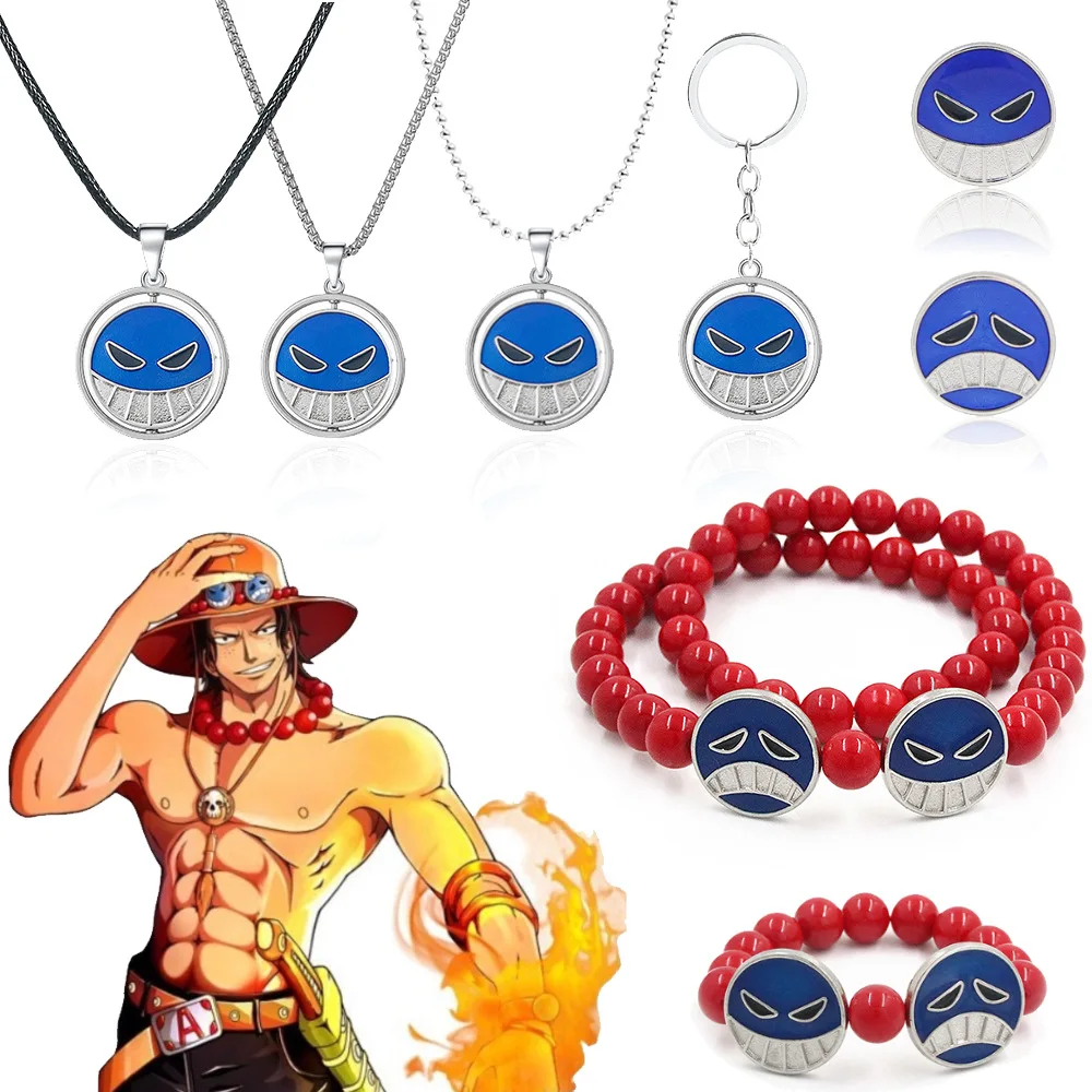 Bandai ONE PIECE Ace Accessories Smile Sad Badge Pendant Earrings Red Bead Necklace Bracelets Anime Cosplay Props Periphery Cool