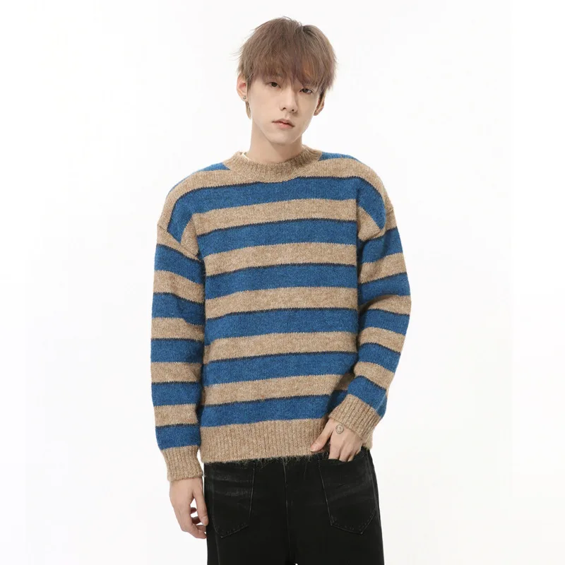 Koreanischen Stil Nische Design männer Runde Kragen Gestrickte Pullover Vertrag Farbe Gestreiften Lose Männliche Pullover 2024 Winter