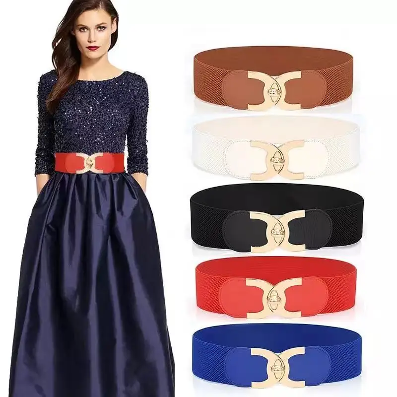 حزام نسائي، Ceinture Femme، حزام خصر مطاطي واسع مع إبزيم دوار ذهبي، حزام Cummerbund عريض أنيق Y2K #1