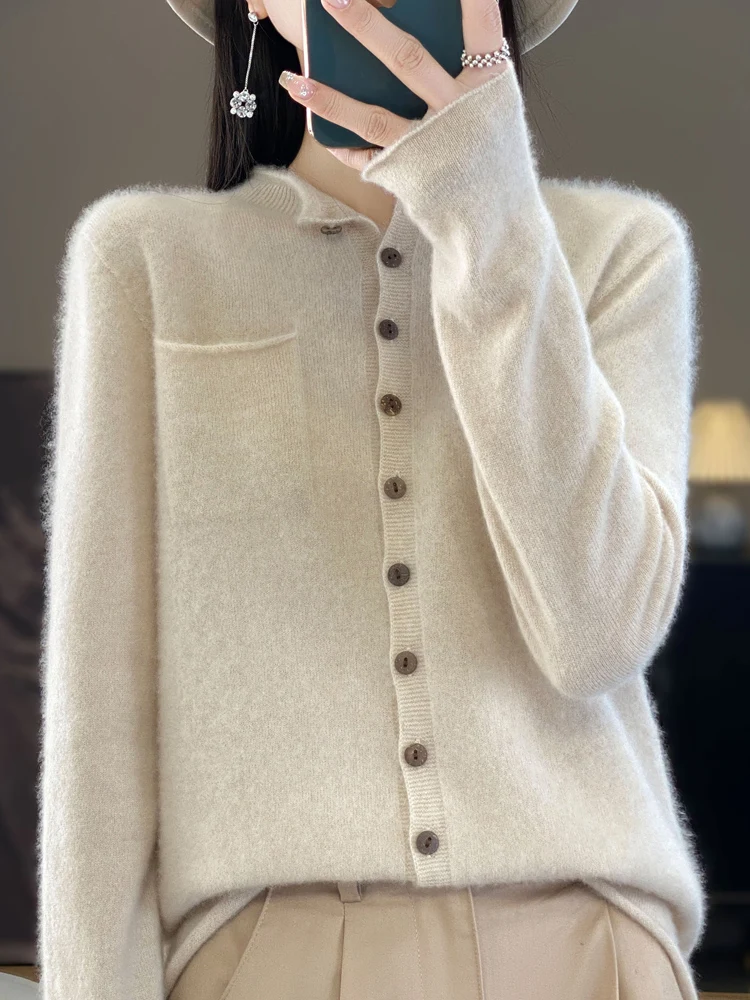 Women's Sweater Cardigans Autumn Winter Long Sleeve 100% Merino Wool Knitwear Binding Pockets Cashmere Solid Female Clothing Top