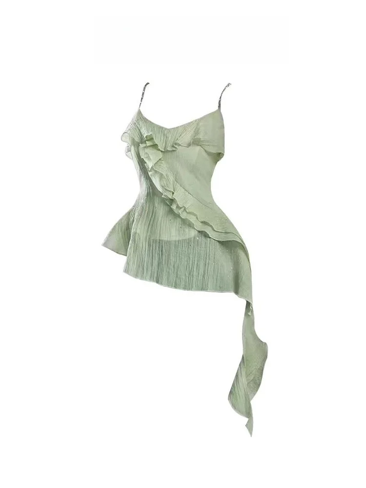 Mint Wave Sle Irregular Strap Vest Women Summer Design Sense Lace  Svel Waist in Slimming Sexy ort Top