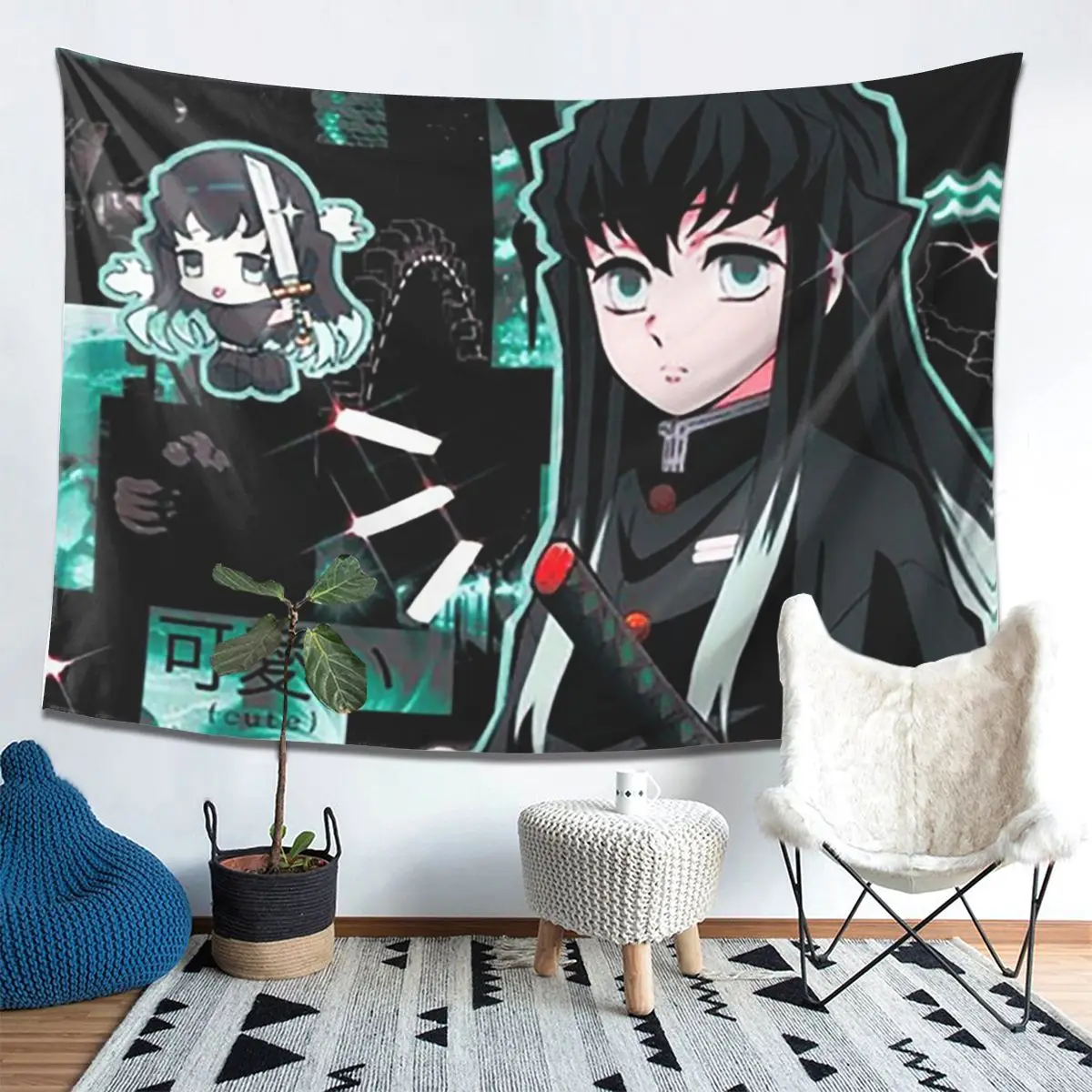 Demon Slayer Muichiro Tokitou Tapestry Wall Hanging Aesthetic Home Decoration Tapestries for Living Room Bedroom