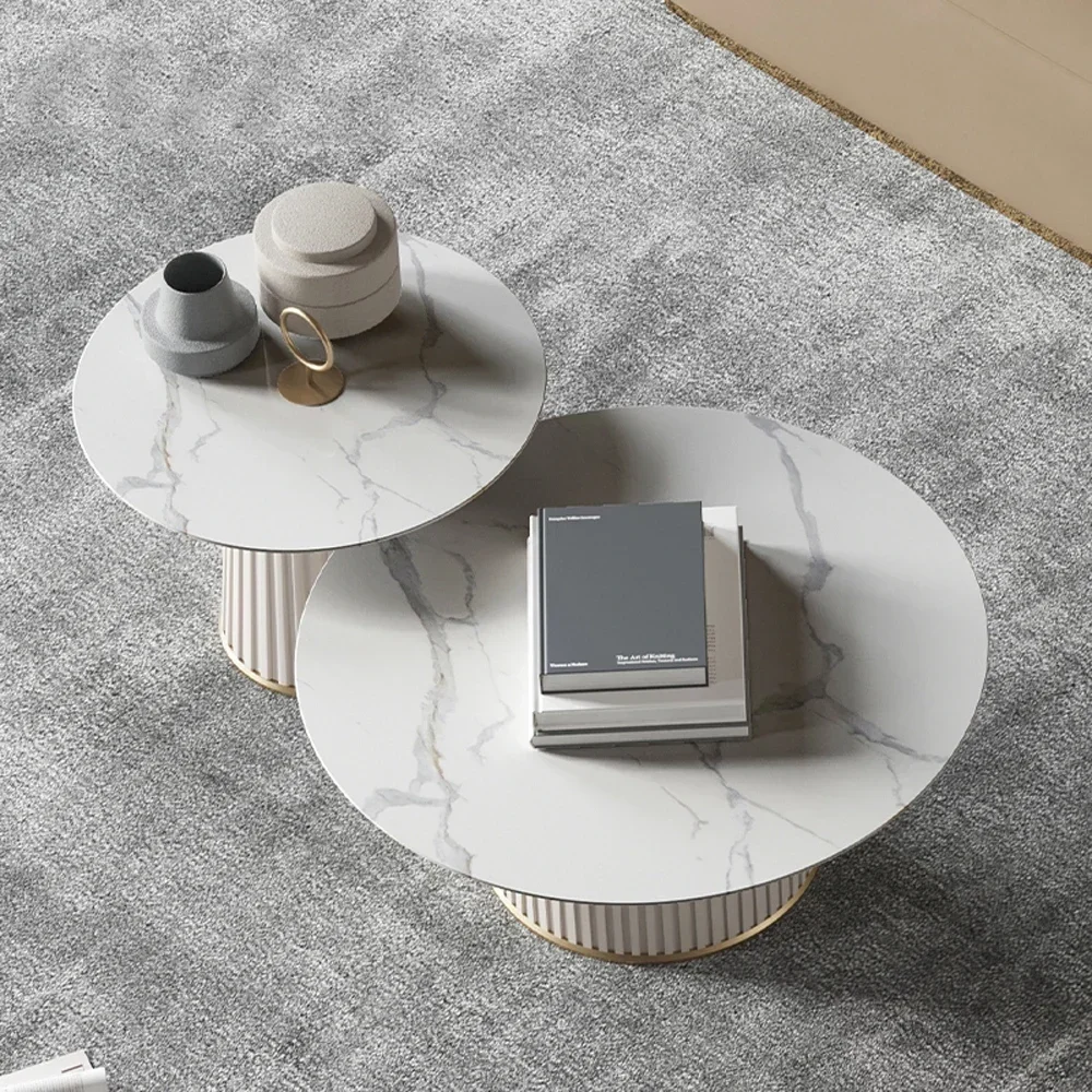 

# Современный роскошный белый спеченный камень, золото, круглый журнальный столик из нержавеющей стали, набор чайных столиков, дизайн мебели для гостиной