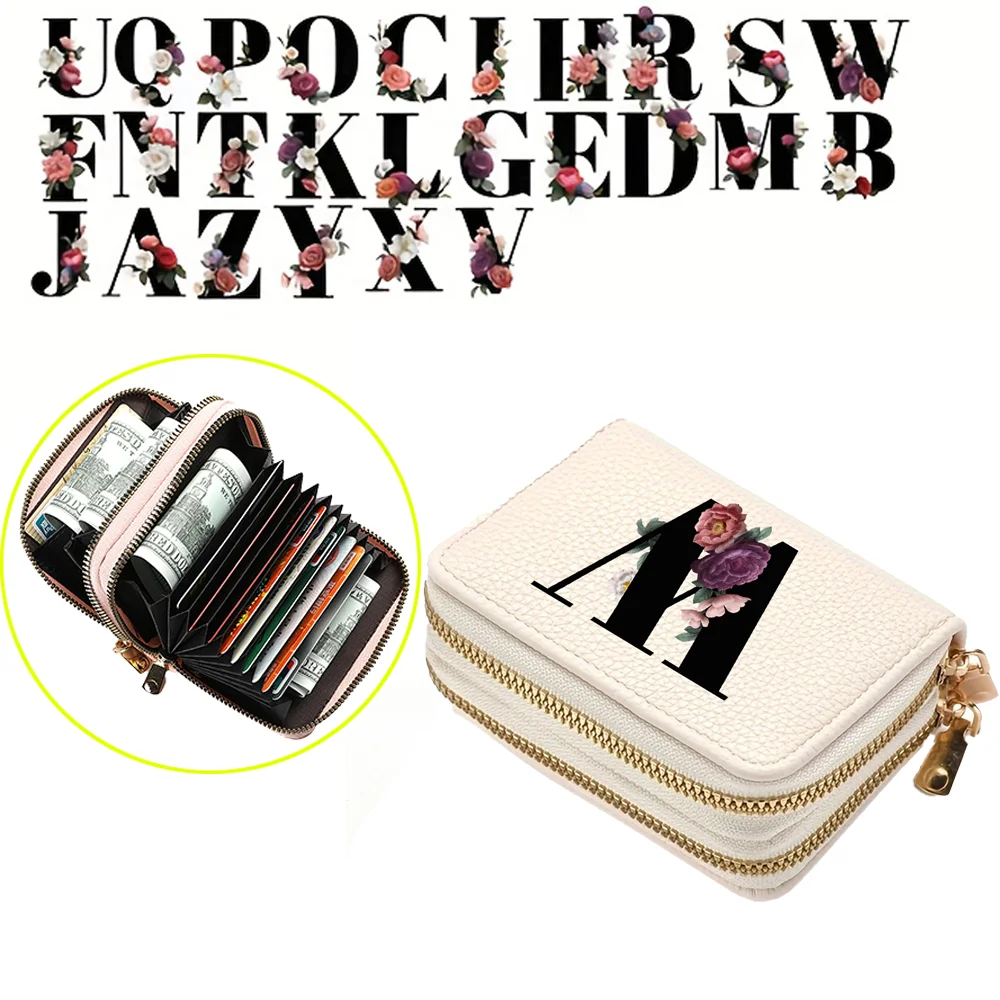 Cartera corta para mujer con estampado floral y de letras a la moda con tarjetero portátil con bolsillo para monedas y doble cremallera